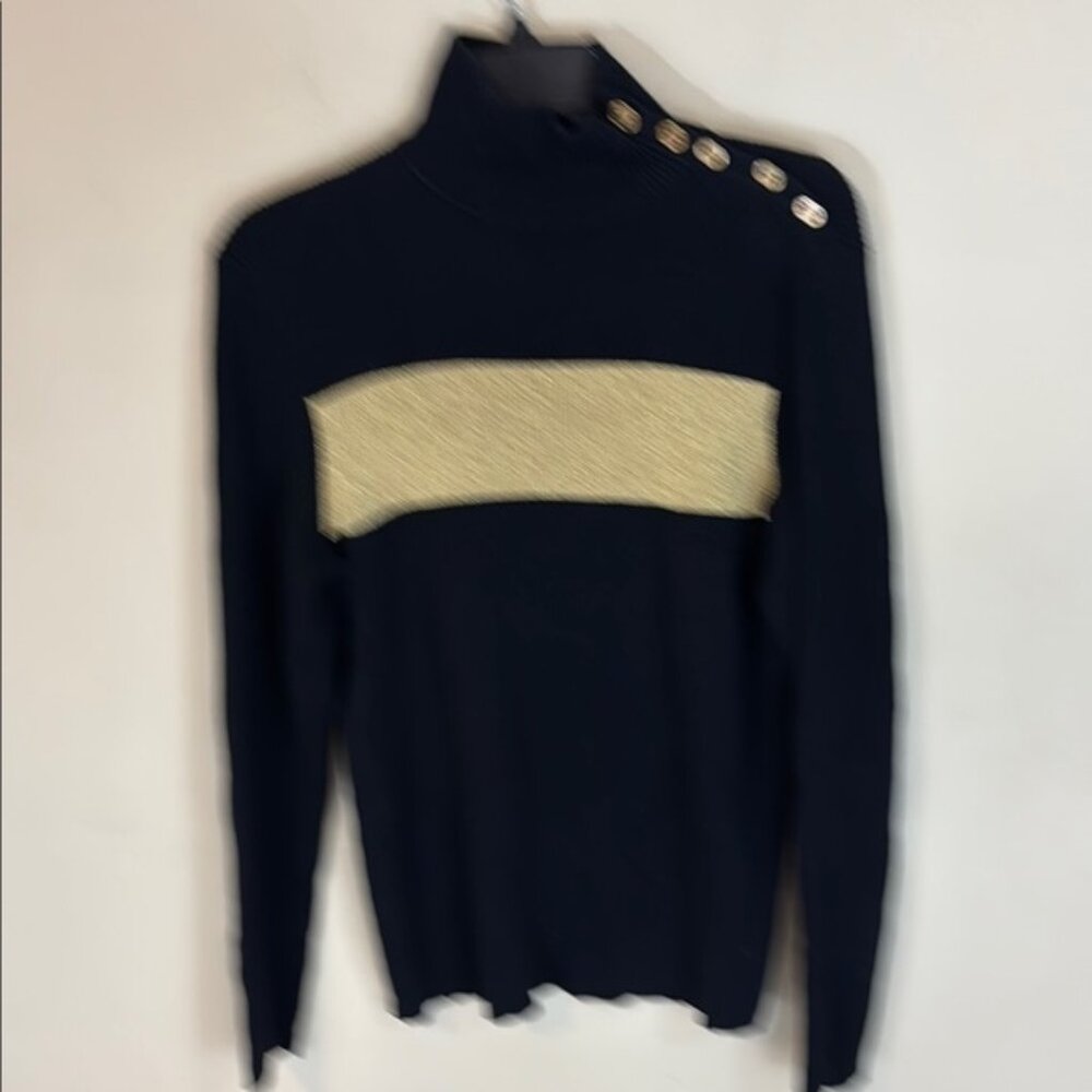 Lauren Ralph Lauren Black Ribbed Mock Neck Sweater with Gold Stripe XL